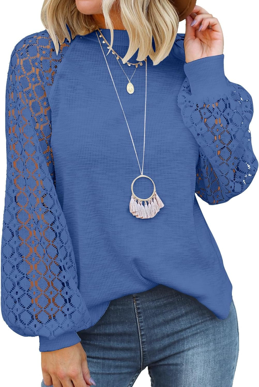 Women’S Long Sleeve Tops Lace Casual Loose Blouses T Shirts