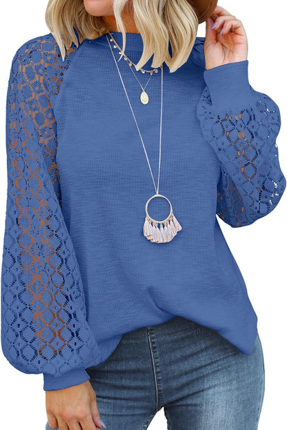 Women’S Long Sleeve Tops Lace Casual Loose Blouses T Shirts
