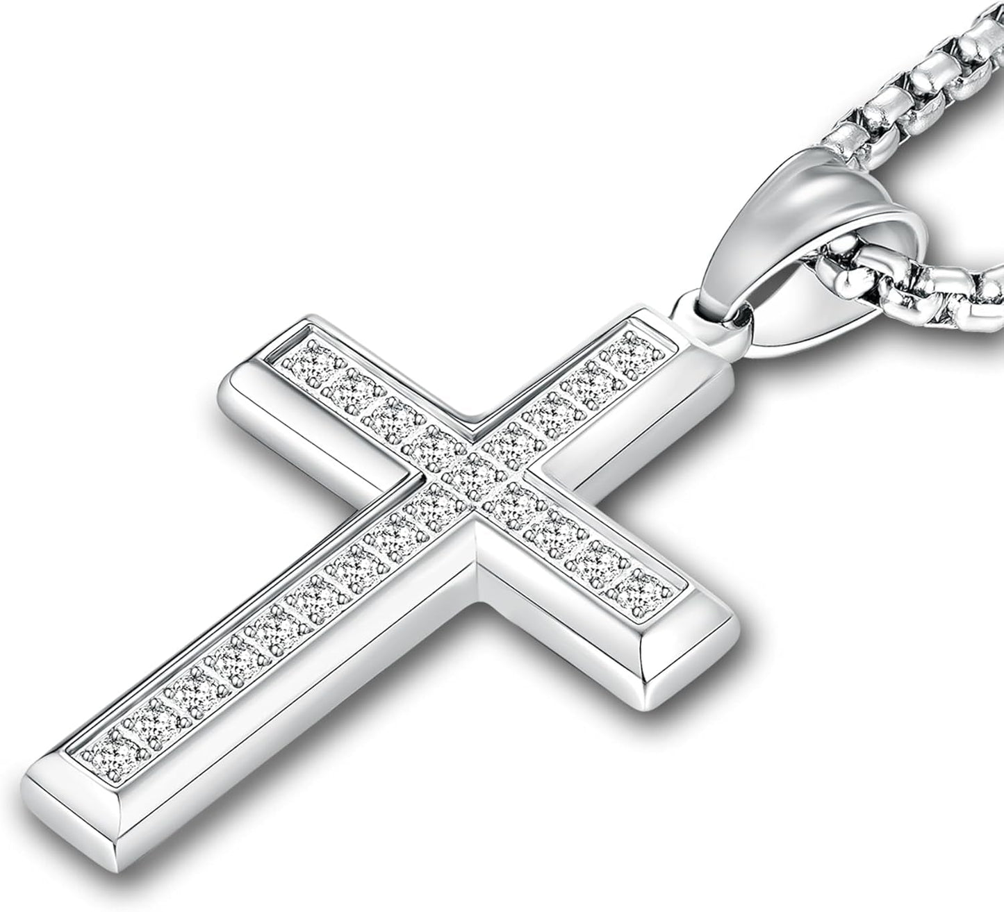 Cross Necklace for Men Stainless Steel Crucifix Pendant Silver White Gold Yellow Black Jesus Christ Plain Simple Women Fine Jewelry Gifts, 24 Inches Rolo Chain, Zirconia, Polished, Rope