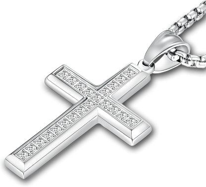 Cross Necklace for Men Stainless Steel Crucifix Pendant Silver White Gold Yellow Black Jesus Christ Plain Simple Women Fine Jewelry Gifts, 24 Inches Rolo Chain, Zirconia, Polished, Rope