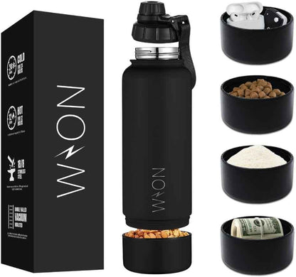 WON Stainless Steel Insulated Water Bottle with Storage Compartment for Pills, Dog Food, Snacks, Keys, Cash and Valuables - 32Oz Metal Vacuum Flask for Cold & Hot Drinks - Diversion Safe Water Bottle