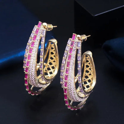CANDICE Dubai Luxury Trendy Ear Jewelry Full Micro Pave Rose Red Purple CZ Crystal Hollow-out Design Arc Hoop Earrings for Dinner Party