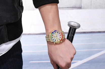 Men Watch Luxury Brand  Mens Gold men Watch Quartz Clock Chronograph colorful Diamond Steel Iced Out Watch Reloj Hombre