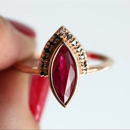 Unique Natural Rhombus 2 in 1 Ruby Engagement  Rose Gold Ring Marquise Bridal  Wedding Ring With Black Diamonds Women Ruby Ring Diamond Fine Jewelry