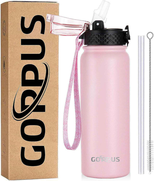 Kids Water Bottle with Straw Spout Wide Mouth Lid 20 Oz Double Walled Metal Insulated Stainless Steel Water Bottles Leak Proof with Strap Handle for Boys Girls School (Pink, 1 Lid）