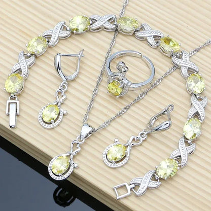 925 Sterling Silver Jewelry Sets Yellow Topaz Gemstone Wedding Women Earrings/Pendant/Necklace/adjustable Ring/Bracelets