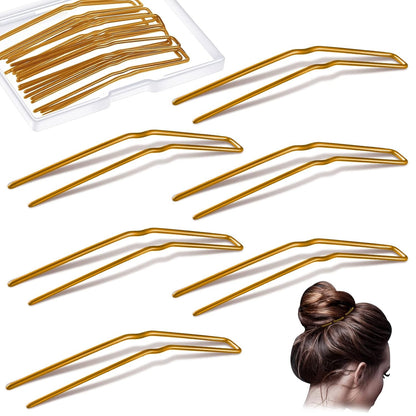 24 Pcs U Shaped Hair Pins, Ballet Bobby Pins U Hair Styling Pins for Updo with Storage Box, Metal U Bun Hair Forks for Women Girls, Thick, Thin, Long, Curly Hair (Gold, 2.5 Inch)
