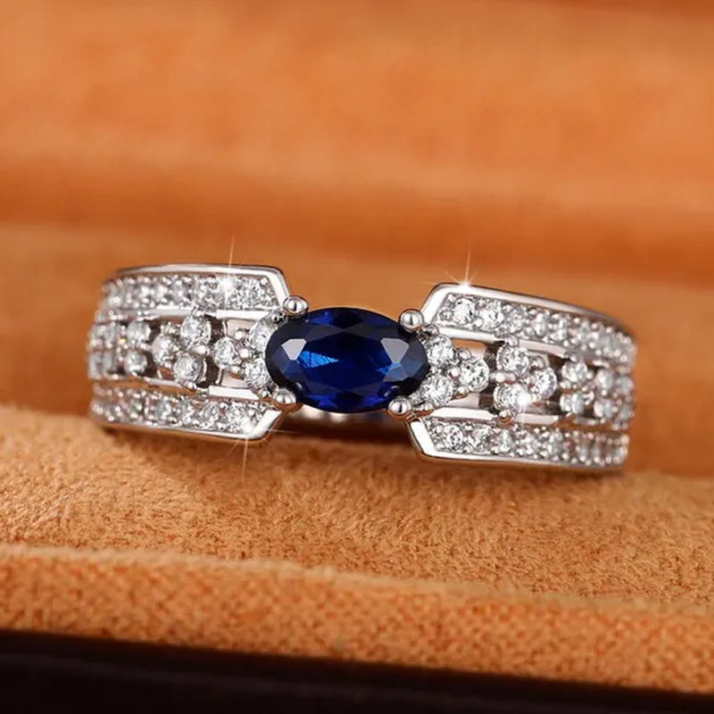 Trendy Micro Pave Cubic Zirconia Blue Sapphire Rings for Women Daily Casual Fashion Accessories
