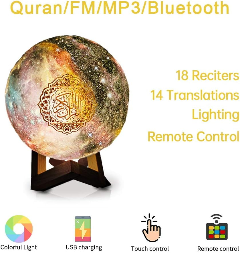 Moon Quran Speaker,Starry Moon Quran Lamp Bluetooth Speaker Lamp Quran Cuba with APP Control Quran Recitation, Eid Mubarak Hajj Gifts