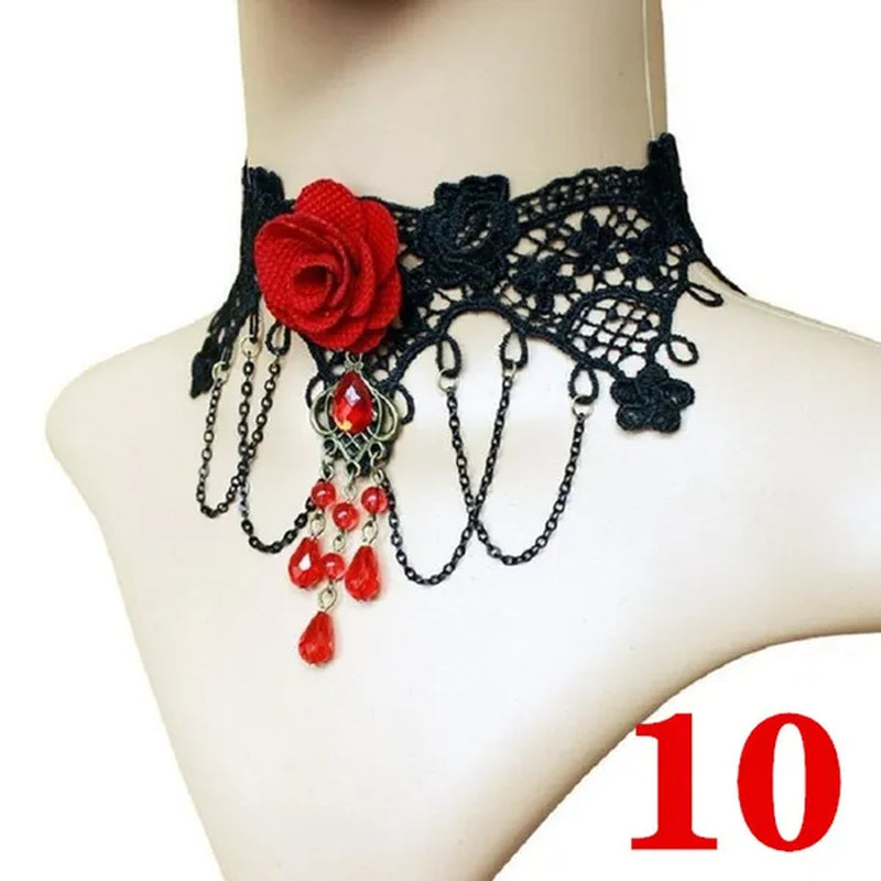 1 PCS Black Lace Necklace Chokers Vintage Style Female Gothic Wedding Red Rose Crystal Diamond Pendant Collarbone Necklace Chain Accessories for Women Girls(10 Style)