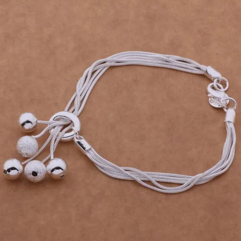 Women's Fashion 925 Sterling Silver Five-line Snake Chain Matte Smooth Bead Pendant Necklace Bracelet Earring Jewelry Set