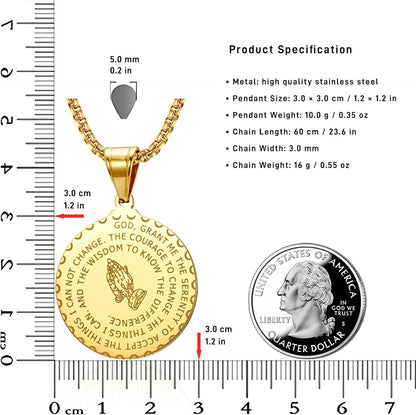 Serenity Prayer Necklace with Praying Hands Coin Pendant for Men Women Lords Prayer Bible Verse Courage Wisdom Stainless Steel 24 Inches