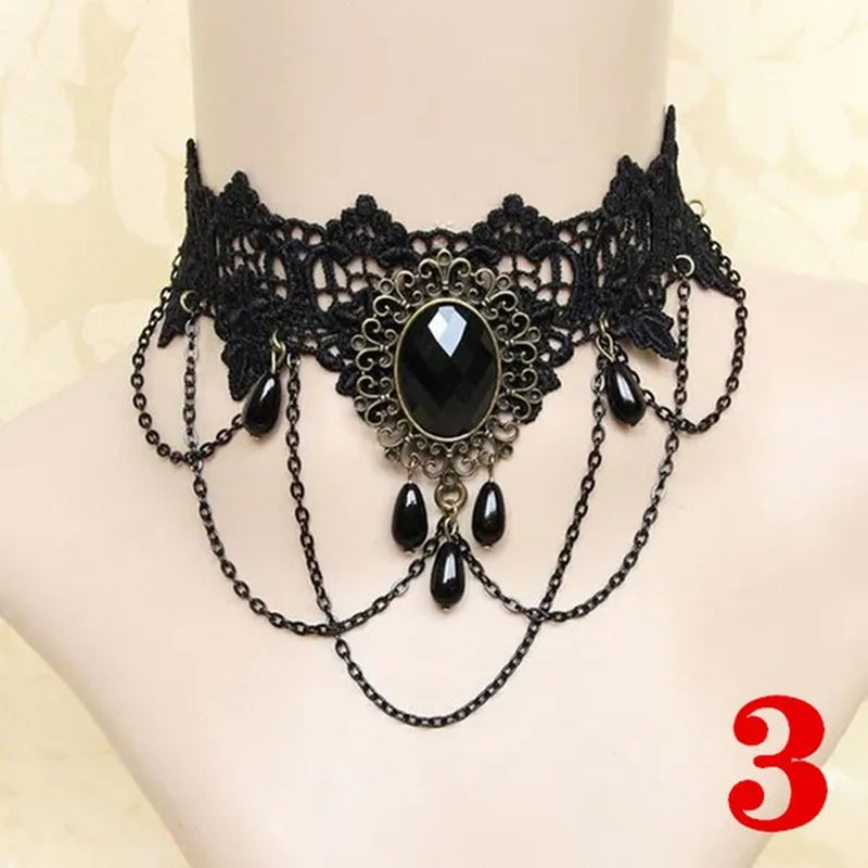 1 PCS Black Lace Necklace Chokers Vintage Style Female Gothic Wedding Red Rose Crystal Diamond Pendant Collarbone Necklace Chain Accessories for Women Girls(10 Style)