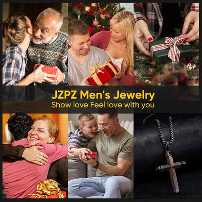 Wooden Cross Necklace for Men : 24'' Strong Chain Wood Christian Crosses Pendant,Silver/Black/Gold Plated Stainless Steel Religious Crucifix,Premium Gift for Him,Son,Husband,Boyfriend,Birthday