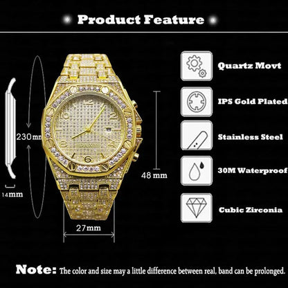 Mens Fashion Watches Luxury Gold Analog Watch Calender Man Hip Hop Bracelet Watch Diamond Quartz Wristwatches