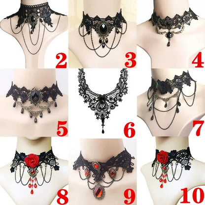 1 PCS Black Lace Necklace Chokers Vintage Style Female Gothic Wedding Red Rose Crystal Diamond Pendant Collarbone Necklace Chain Accessories for Women Girls(10 Style)