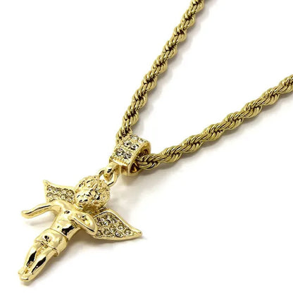Yellow Gold Mens Gold Angel&P Ruby Bundle Set Cz Pendant Hip Hop 24"& 30"Rope Necklace Chain Pendant