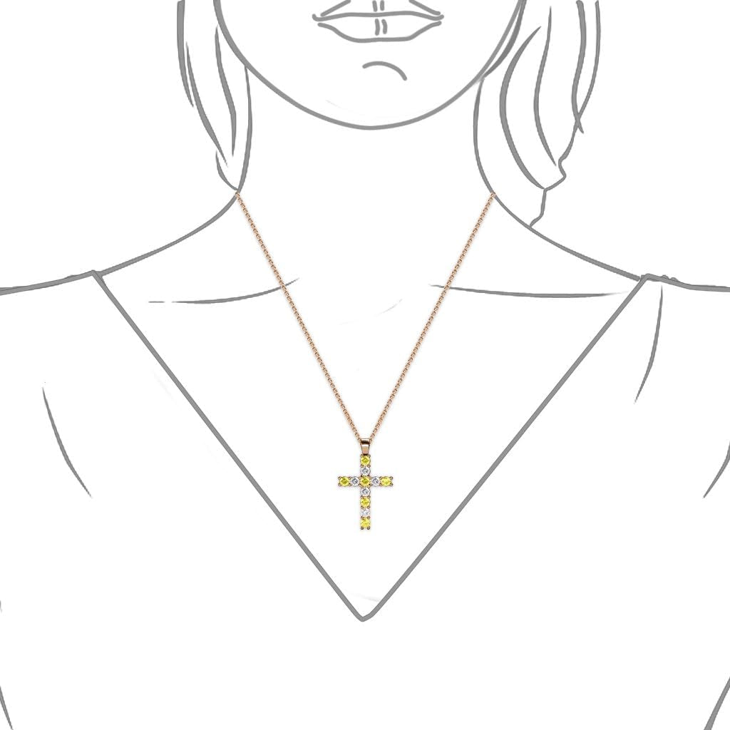 Yellow Sapphire & Natural Diamond (SI2-I1, G-H) Cross Pendant 0.85Ctw 14K Gold. Included 16 Inches 14K Gold Chain.