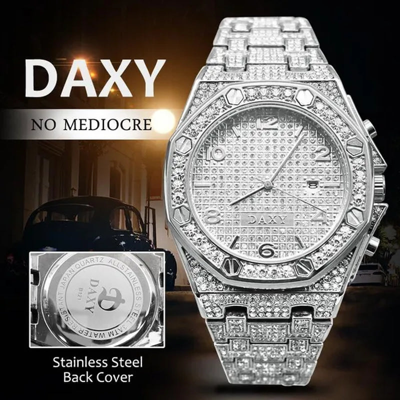 Mens Fashion Watches Luxury Gold Analog Watch Calender Man Hip Hop Bracelet Watch Diamond Quartz Wristwatches