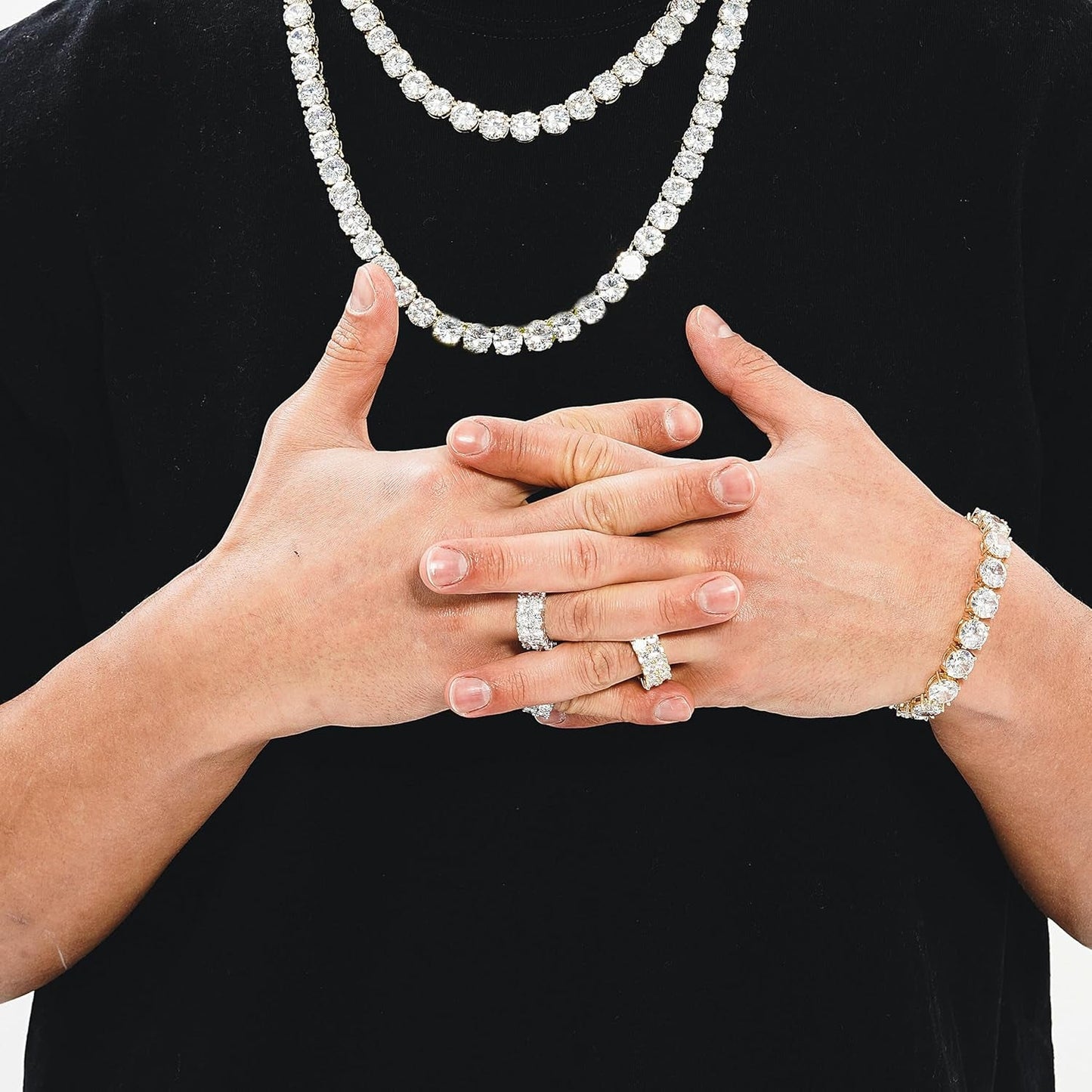 Rings for Men - Men'S 14K Gold Plated Brass, Chunky Faux Diamond Band Ring for Women, Unisex, 9Mm - 2 Rows round Cubic Zirconia Eternity