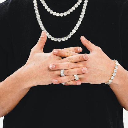 Rings for Men - Men'S 14K Gold Plated Brass, Chunky Faux Diamond Band Ring for Women, Unisex, 9Mm - 2 Rows round Cubic Zirconia Eternity