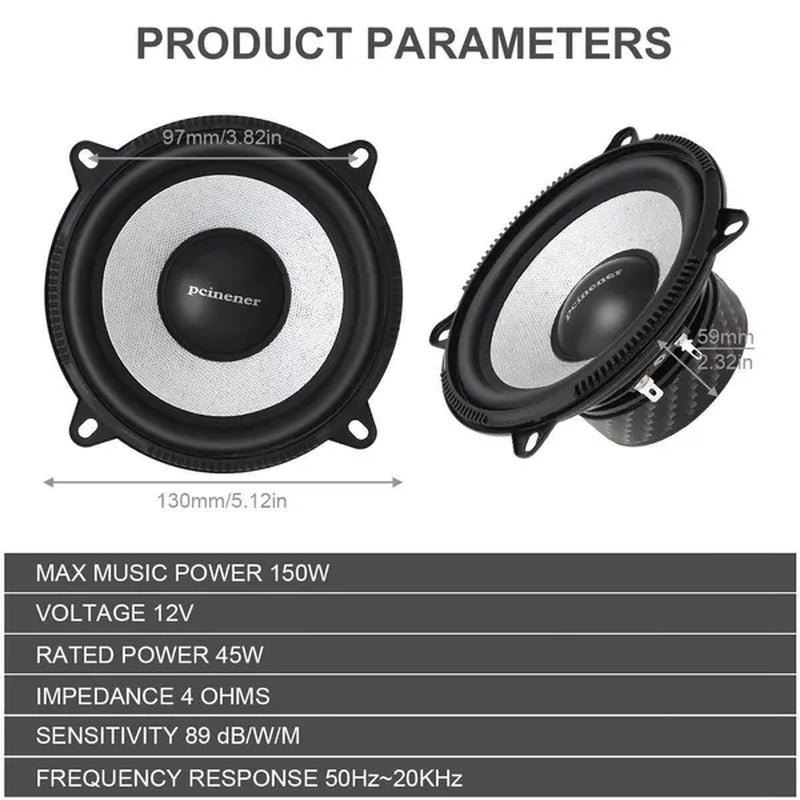 5 Inch 150W Car Component Speaker System 13Cm Vehicle Door Auto Audio Stereo Speakers Set Hifi with Tweeter Crossover