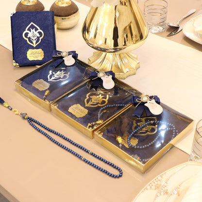IEF Pack of 5 Personalized Velvet Yaseen Dua Book Prayer Beads Islamic Party Favor Gift, Decorated Navy Blue Pearl Prayer Bead Muslim Gift Set for Ramadan Eid Hajj Umrah Wedding Baby Shower