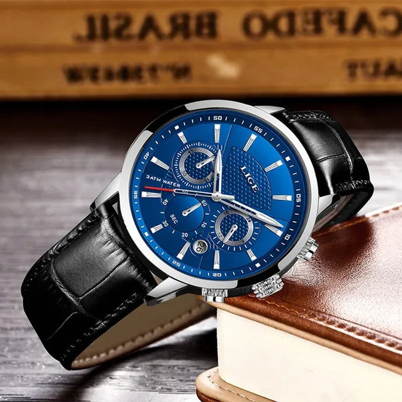 2019 LIGE New Fashion Gift Men Watch Leather Analog Quartz watches  Waterproof Chronograph Watch Sport Date Watch