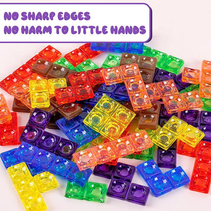 Wooden Blocks Puzzle Brain Teasers Toy, Intelligent Colorful 3D Plastic Blocks Game with Vertical Wood Frame Game Board, Tangram Educational Montessori Toys Gift for Kids Age 4-8 Years Old