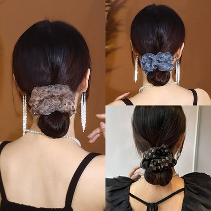 YFKEJI 3 Packs Flower Hair Scrunchies for Women, Large Organza Elastic Plaid Hair Ties, Sparkling Hot Drill Ponytail Holders, Hair Accessories for Parties, Daily Use (G#)