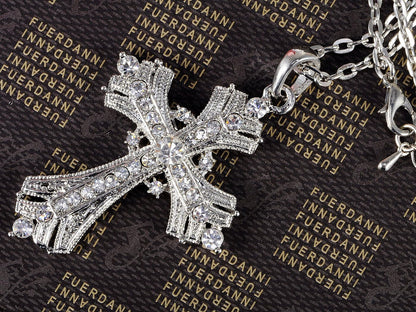 Silvery Tone Religious Cross Pendant Necklace W/Aquamarine Blue or Clear Crystal Rhinestones