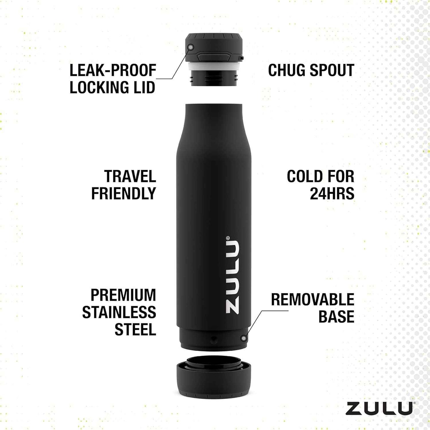 Ace Vacuum Insulated Stainless Steel Water Bottle with Chug Spout, Leak-Proof Locking Lid and Removable Base for School, Backpack, Sports, Gym, Travel