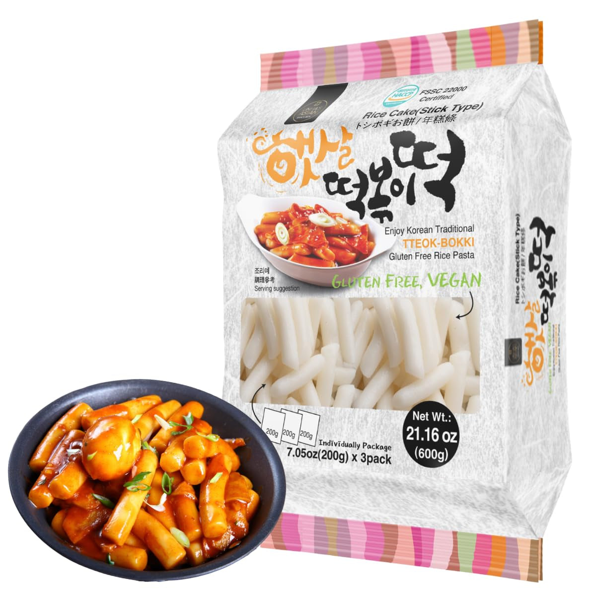 Korean Rice Cake Tteokbokki Stick – 1 Pack (3 Individual Package X 1 Pack) Vegan, Non-Gmo, Gluten Free, Tteok Rice Cakes Food Pasta 21.16 Oz per Pack