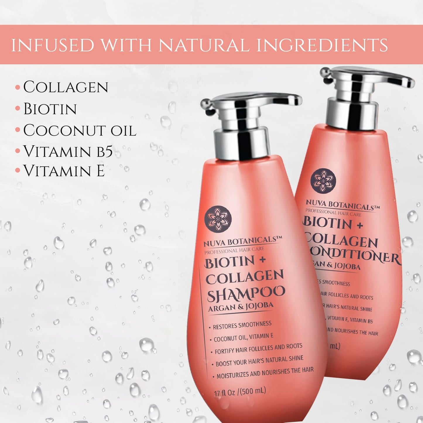 Biotin and Collagen Hair Growth Set - Shampoo and Conditioner for Women with Coconut Oil, Argan and Jojoba Oil for Thinning Hair (17 Fl Oz)