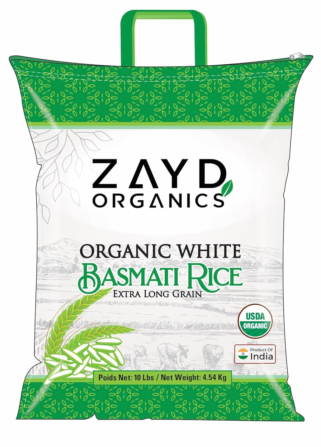 Zayd Organic White Basmati Rice, Indian Traditional Extra Long Rice, Vegan, Fresh, USDA Organic, 10Lbs