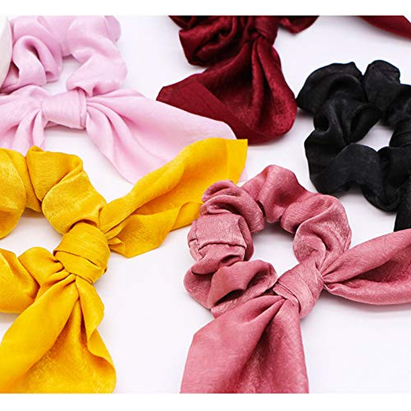 6PCS Hair Scrunchies Satin Silkrabbit Bunny Ear Bow Bowknot Scrunchie Bobbles Elastic Hair Ties Bands Ponytail Holder for Women Accessories 01 Classic Color