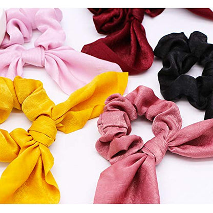6PCS Hair Scrunchies Satin Silkrabbit Bunny Ear Bow Bowknot Scrunchie Bobbles Elastic Hair Ties Bands Ponytail Holder for Women Accessories 01 Classic Color