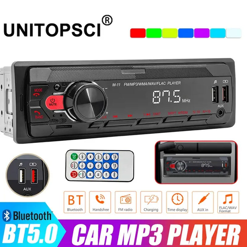 UNITOPSCI 12V 1DIN In-Dash Car Radio Stereo Autoradio Bluetooth Digital Audio Music Car Radio MP3 Player with Remote Control Bluetooth/Fm/Usb/Sd/Aux-In Colorful Lights