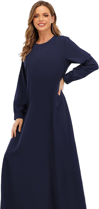 Womens Abaya Long Sleeve Muslim Dress Prayer Clothes Casual Islamic Kaftan with Pocket