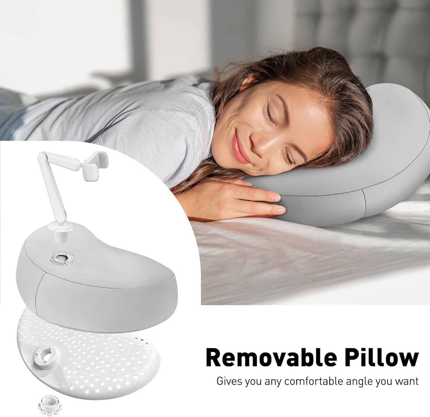 Pillow Phone Holder for Bed, 360° Bed Phone Holder Laying Down, Hands-Free Iphone Stand for Bed/Sofa/Lap, Compatible W/ 4.7"-7.0" Cell Phones, Flexible Dual Arm with Microbead Cushion