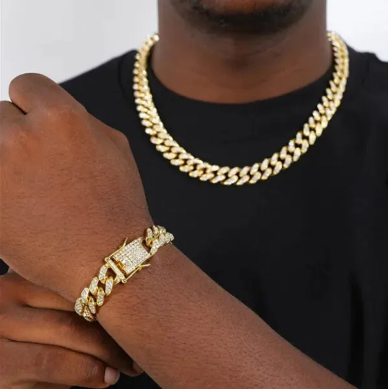 Men's Hip Hop Fashion Luxury 18K Gold and 925 Silver Ice-wound Hip Hop Diamond Watch Miami Cuban Bracelet and Ladies Watch Silver Diamond Bracelet Men and Women Hip Hop Party Jewelry