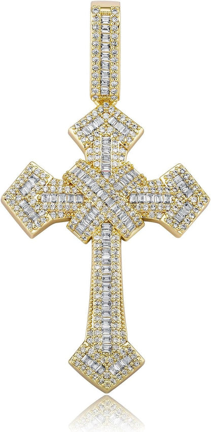 14K Gold over S925 Vintage Cross Pendant with Sparkling Pavé Moissanite – Distinctive Hip-Hop Men'S Necklace, the Beautiful Gift for Birthdays & Special Occasions,Father'S Day Gift