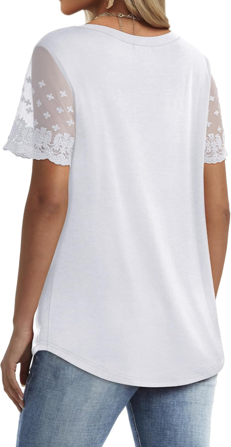 Casual V Neck T Shirts for Women Lace Short Sleeve Curved Hem Tops Loose Fit