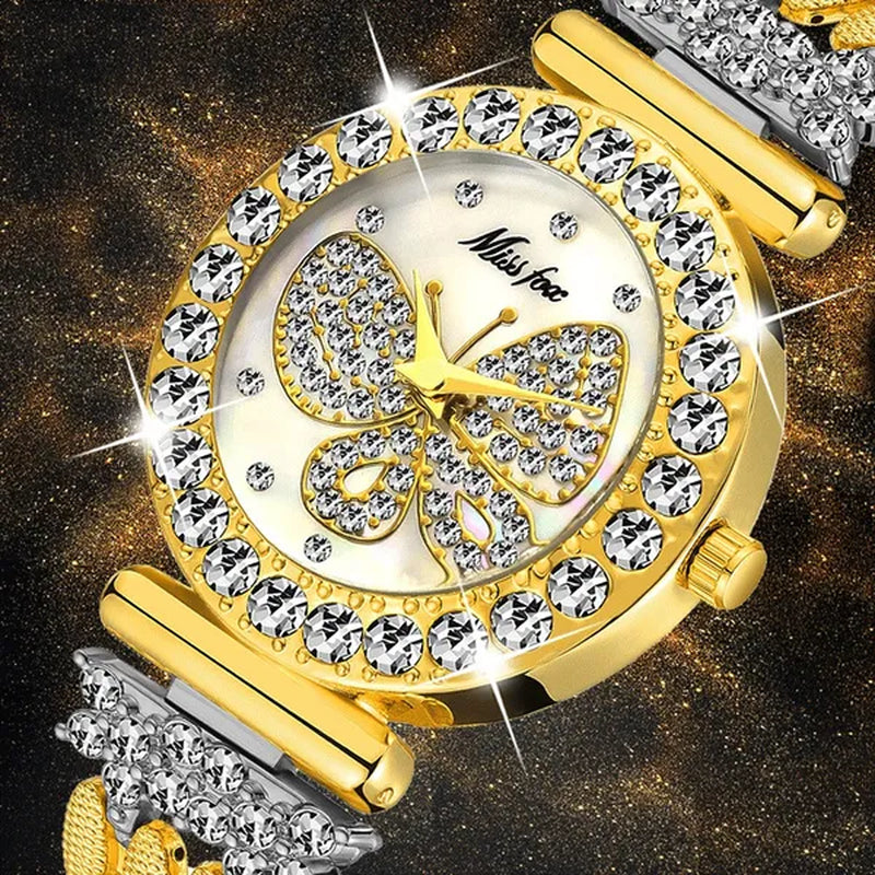 Butterfly Women Watches Luxury Brand Big Diamond 18K Gold Watch Waterproof Special Bracelet Expensive Ladies Wrist Watch