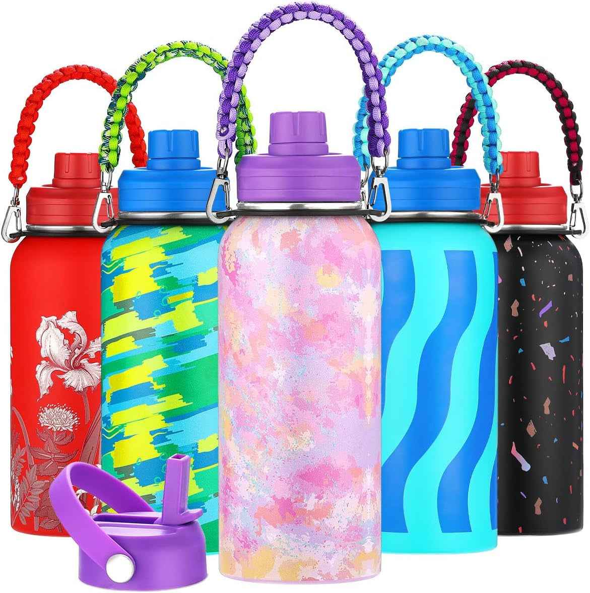 Personalized Insulated Water Bottle with Paracord Handle Straw Lid & Spout Lid, Vacuum Stainless Steel Wide Mouth Water Bottle for Adults 24 Oz, 32 Oz, 40 Oz