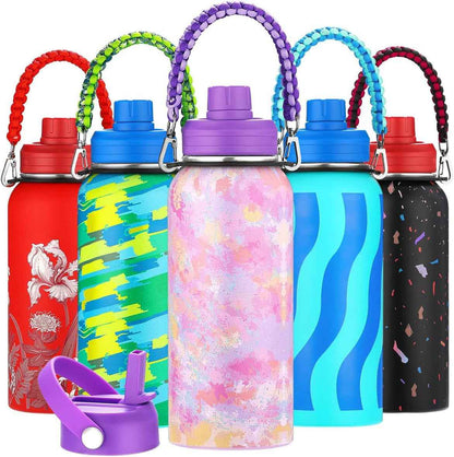 Personalized Insulated Water Bottle with Paracord Handle Straw Lid & Spout Lid, Vacuum Stainless Steel Wide Mouth Water Bottle for Adults 24 Oz, 32 Oz, 40 Oz