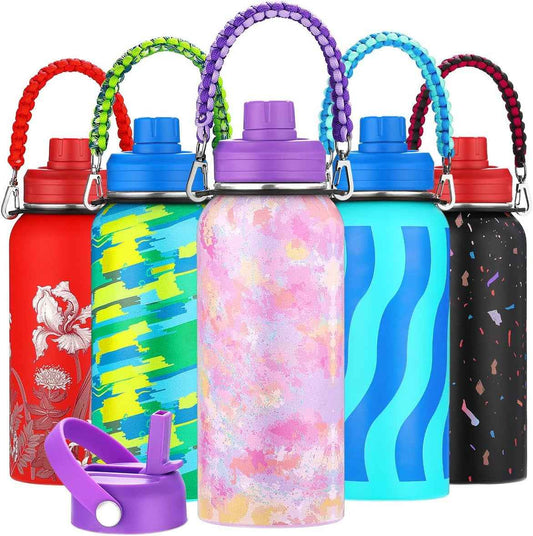 Personalized Insulated Water Bottle with Paracord Handle Straw Lid & Spout Lid, Vacuum Stainless Steel Wide Mouth Water Bottle for Adults 24 Oz, 32 Oz, 40 Oz