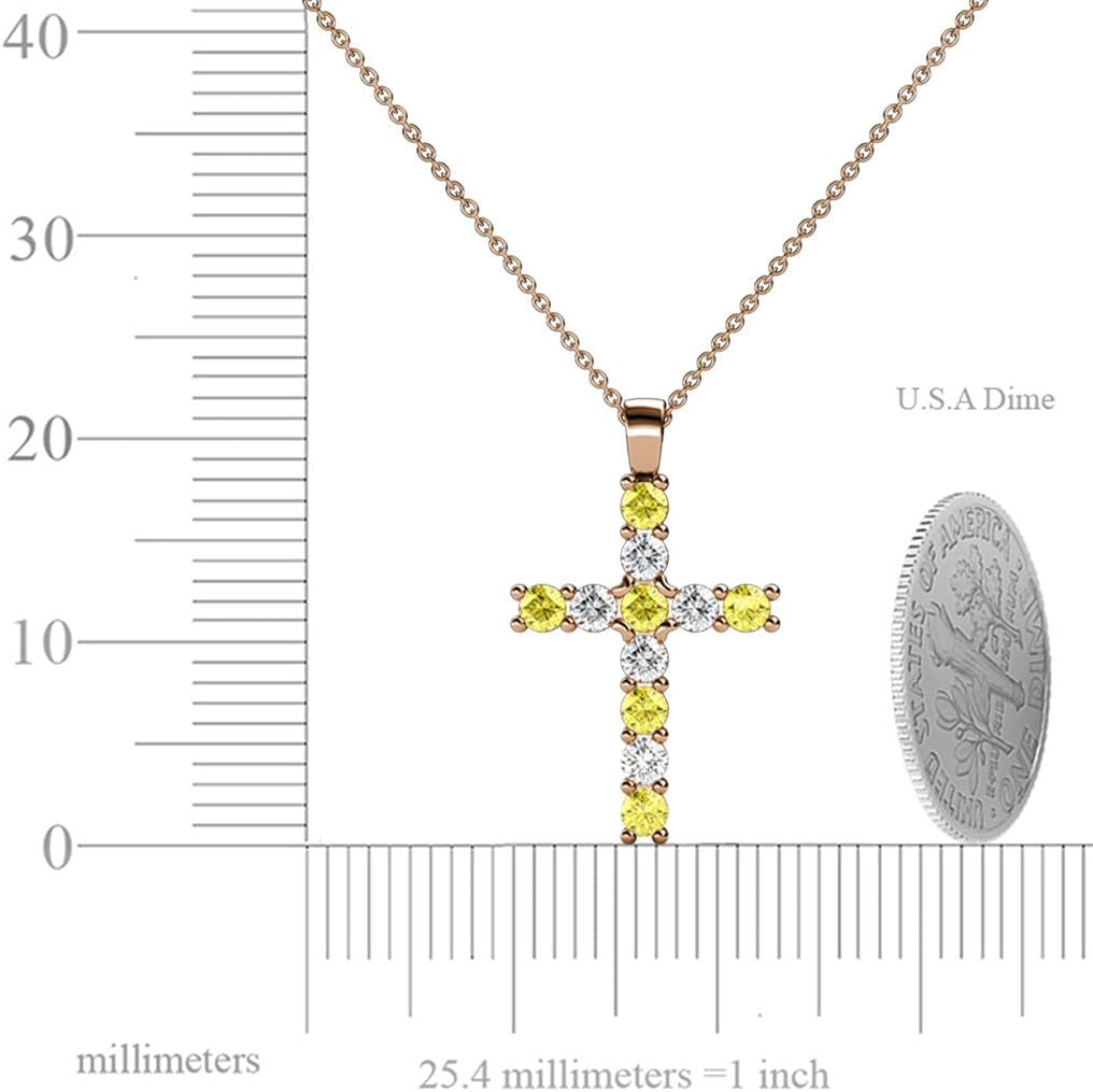 Yellow Sapphire & Natural Diamond (SI2-I1, G-H) Cross Pendant 0.85Ctw 14K Gold. Included 16 Inches 14K Gold Chain.