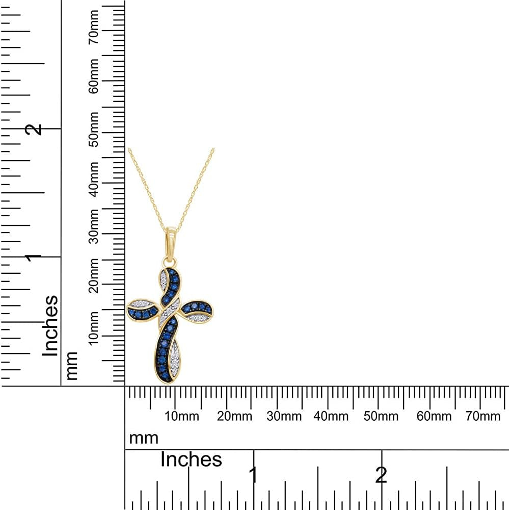round Simulated Blue Sapphire & White Cubic Zirconia Cross Pendant Necklace in 14K Gold over Sterling Silver 18" Chain