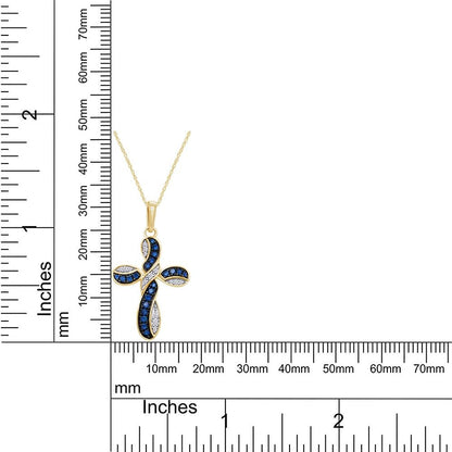 round Simulated Blue Sapphire & White Cubic Zirconia Cross Pendant Necklace in 14K Gold over Sterling Silver 18" Chain